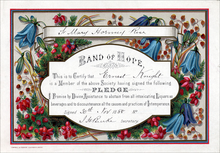 Band of Hope certificate and Pledge card Band of Hope certificate